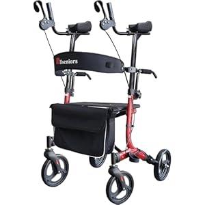 Aliseniors Upright Walker for Seniors - Stand Up Rollator with Seat, Foldable 4 Wheel Rolling Walker with All-Terrain 8" Wheels, Adjustable Padded Armrests (5'2"-6'2"), 300lbs Capacity, Black