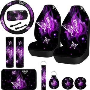 Frienda 10 Pcs Car Seat Covers for Women Accessories Interior Seat Covers with Steering Wheel Cover, Wrist Strap, Car Cup Mats, Armrest Pad, Shoulder Pad, Key Chain(Butterfly)