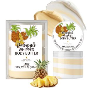 Pineapple Whipped Body Butter, Shea Body Butter for Women Dry Skin, Natural Pineapple Lotion for Body Moisturizer-Deep Moisturizing and Softening-3.4 floz+6.8 floz(100ml+200ml)