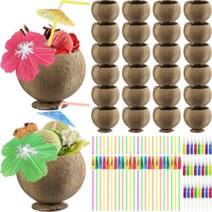 Fovths 24 Set Coconut Cups, 17 Oz Natural Coconut Shell Cups, Coconuts Shaped Tiki Cup with Straws Cocktail Umbrella Picks for Birthday Beach Pool Hawaiian Luau Party Decorations, Large