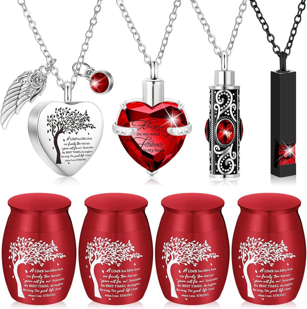 Shimeyao Set of 8 Small Urns for Human Ashes Cremation Urns Keepsake Ash Holders Family Tree Memorial Heart Locket Waterproof for Adults Women Men Loved Ones(Dark Red)