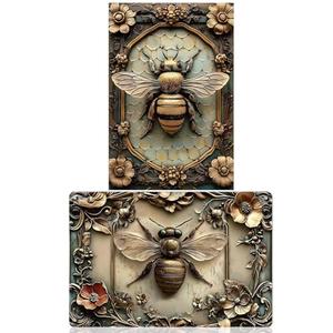 3D Bee Metal Sign 2Pcs Set Vintage Tin Poster Retro 3D Design Wall Decoration for Bar Cafe Restaurant Home Kitchen Bedroom Decor Gift 8 x 12 Inches - Bee (Style A+Style B)
