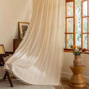 Sutuo Home Champagne Boho Farmhouse Curtains for Bedroom Living Room, Light Filtering Linen Shabby Chic Tassels Window Treatment Bohemian Drape for House Decor, Rod Pocket 1 Panel 52" W x 84" L