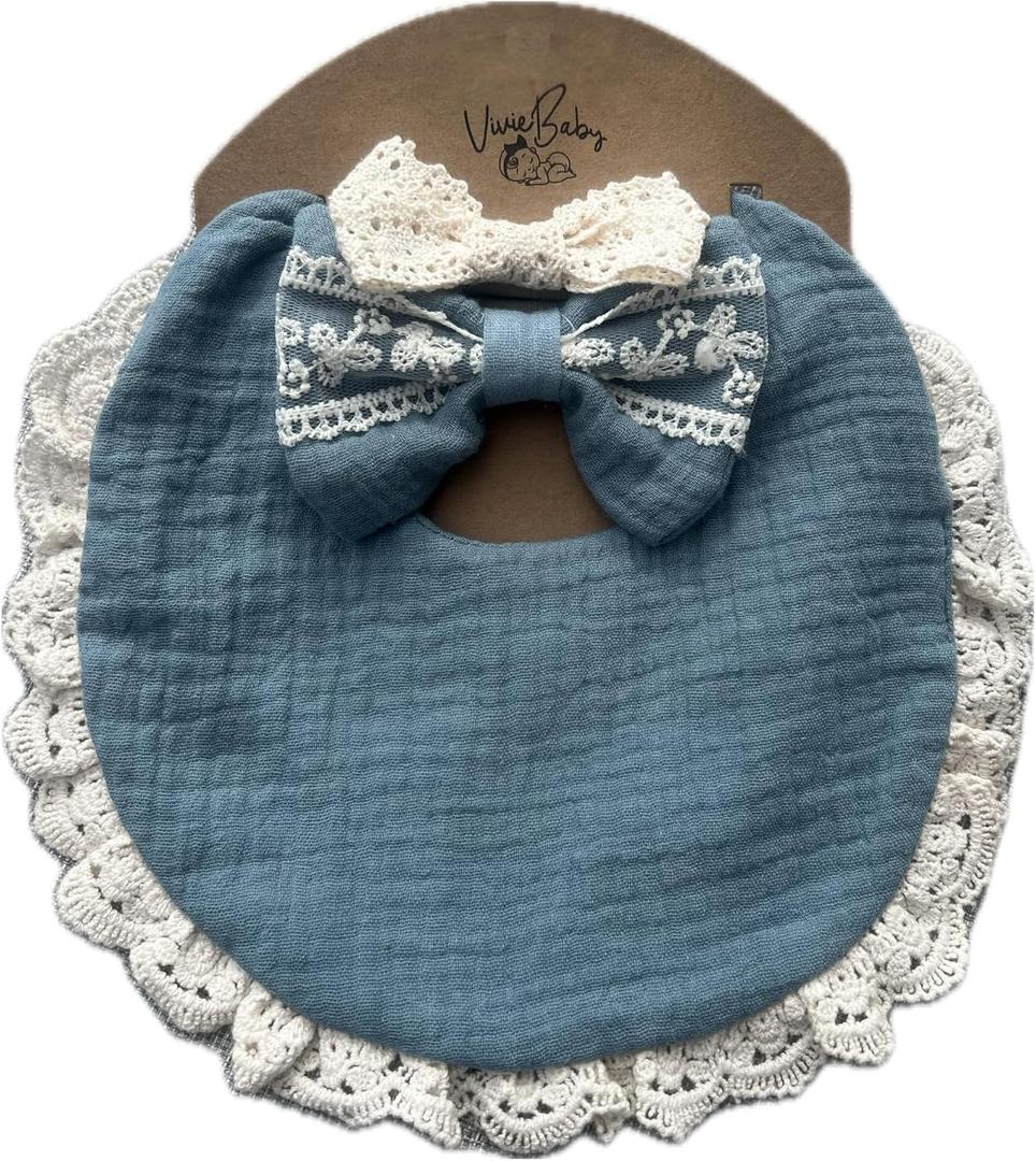 Baby Girl Gift Set, Muslin BoHo Bib with Lace and Matching Bows, Absorbent Cotton Adjustable Bib for Newborn Infant Toddler (Dusty Blue)
