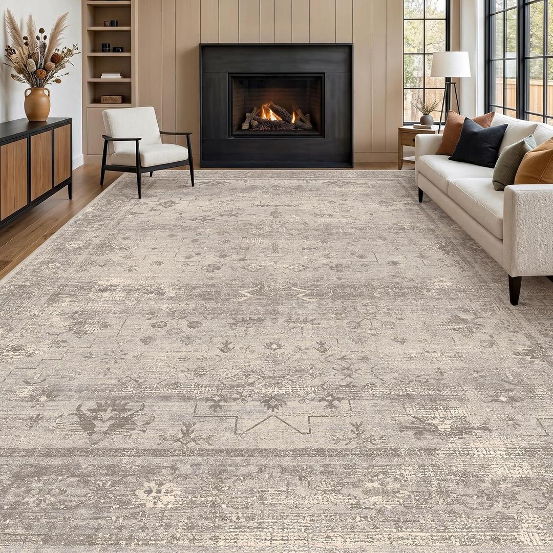 Greige 8x10 Washable Area Rug for Living Room, Organic Modern Distressed Geometric Rug with Granite Texture, Soft Low Pile Non-Slip Carpet for Bedroom & Dining Room