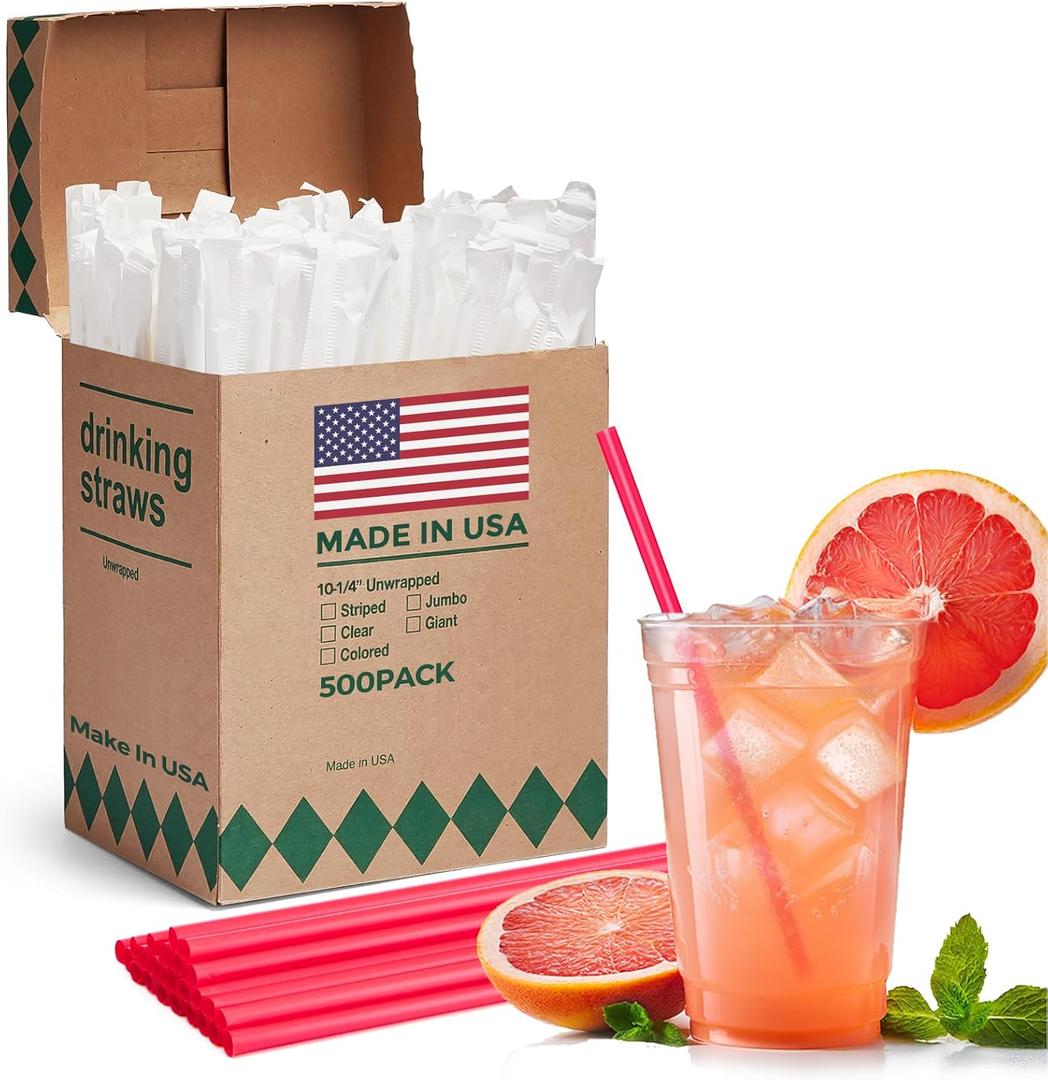 Glotoch Express 500 PCS Individually Wrapped Red Plastic Straws, 10.25'' Long, 0.24'' Diameter Disposable Drinking Straws for Every Occasion, Party, Made in USA