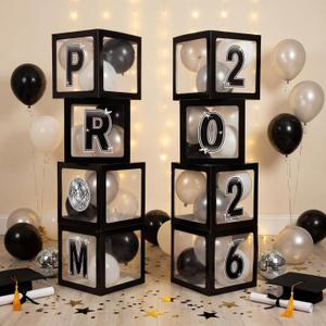 Foilswirl Class of 2026 Prom Graduation Decorations Set of 8 Black Clear Boxes with 35 Balloons and 8 Letters 2026 Prom Black and Silver Congrats Grad Party Supplies for Senior Night Any Grades