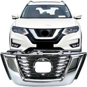 Front Bumper Upper Grille Compatible with 2018 2019 2020 Nissan Rogue Chrome & Black Horizontal Mesh ABS Radiator Grill Replacement Part Grille