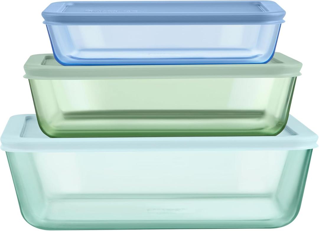 Pyrex Colors (3-Pack, Large) Tinted Glass Rectangle Food Storage Container Set, Snug Fit Non-Toxic Plastic BPA-Free Lids, Freezer Dishwasher Microwave Safe, 3 Cup, 6 Cup & 11 Cup (Blue, Green, Aqua)