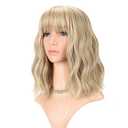 FAELBATY Blonde Wave Short Bob Wigs With Air Bangs Shoulder Length Wig For Women and Girls Curly Wavy Synthetic Cosplay Costume Wig (12" Mix blonde and gold)