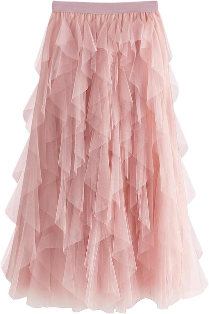 Tulle Skirts for Women Long Length Tutu Fairy Tiered Skirt A Line Mesh Elastic Waist Skirts (One Size)