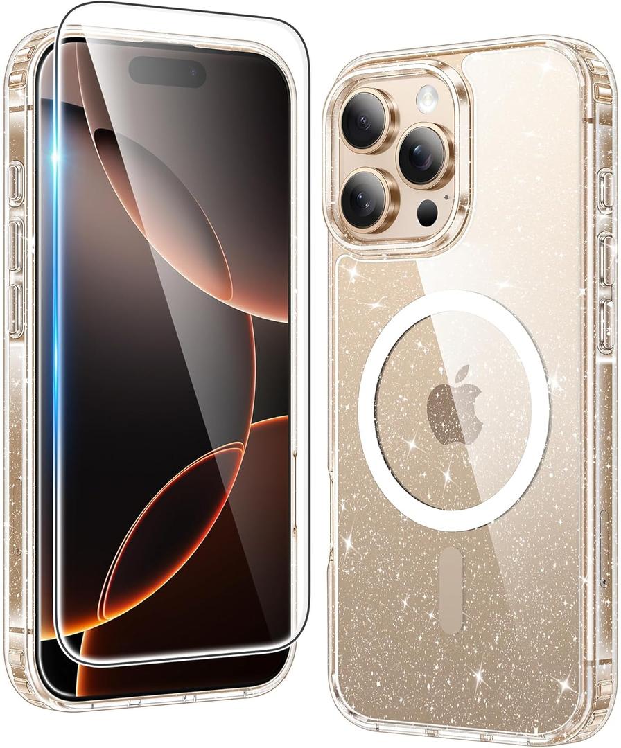 FNTCASE for iPhone 16 Pro-Max Case: Clear Magnetic Phone Cases Compatible with Magsafe Slim Anti Yellowing Military Grade Drop Protection Rugged Protective Transparent Cell Cover (B-Glitter Magnetic)