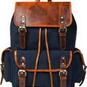 Leather Canvas Backpack Durable Vintage Large Travel Laptop Bag for Men & Women Work Hiking School (Navy Blue)