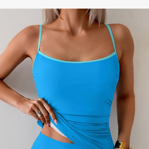 Eomenie Women's Tankini Swimsuits Tummy Control Bathing Suit Color Block Slim Swimwear with High Waisted Bottom Blue L