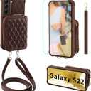MONASAY Zipper Wallet Case Fit for Galaxy S22 5G 6.1in, [Screen Protector ][RFID Blocking] Flip Leather Handbag Phone Cover with Card Holder Crossbody Shoulder Lanyard Strap, Brown