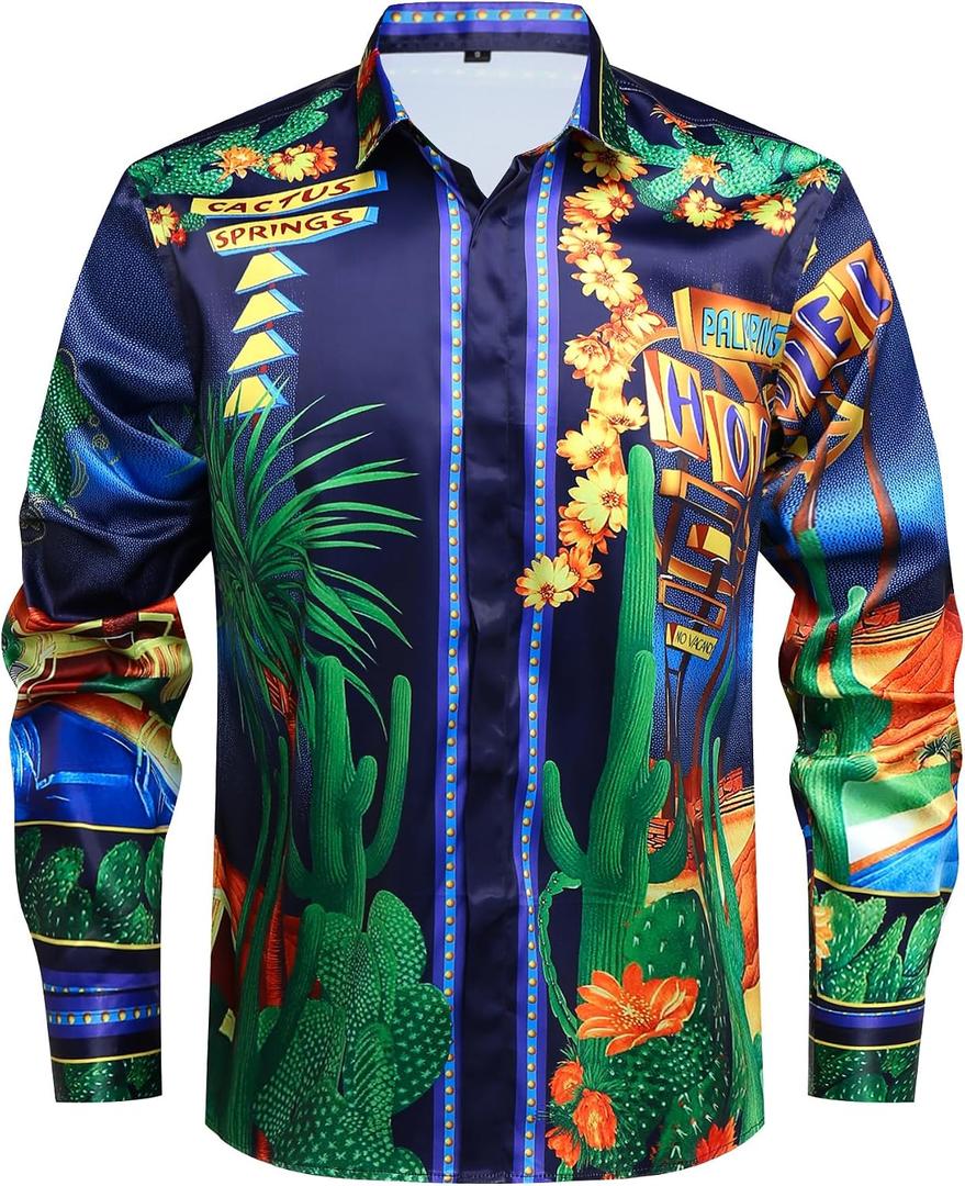 Mens Luxury Print Dress Shirt Long Sleeve Button-Down Shirt (Blue)