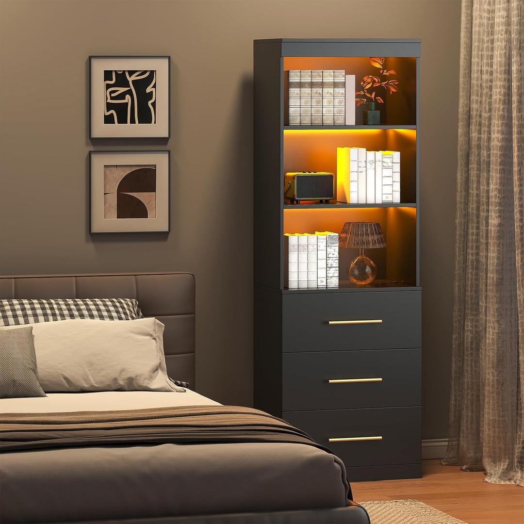 Winkalon 71H Black Bookshelf with LED Light, Bookcase and Bookshelf with Drawers, Tall Bookcase Tall Storage Cabinet 3-Tier Open Shelves for Home Office Living Room Bedroom, 15.8"D x 23.6"W x 70.9"H
