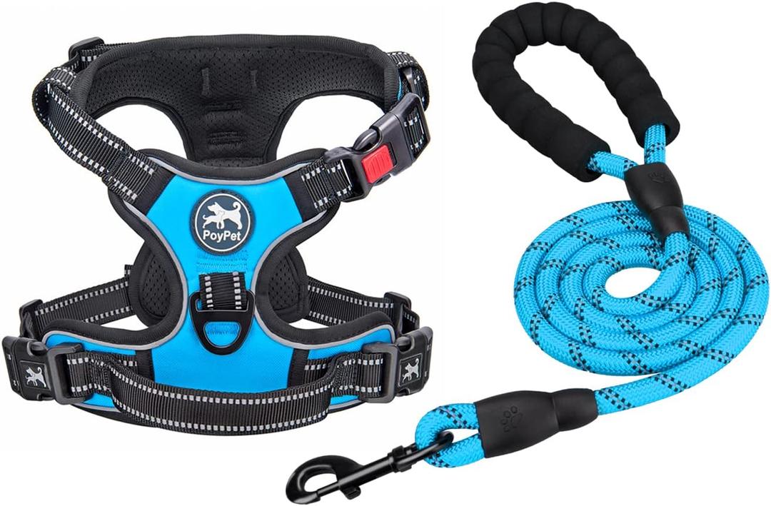PoyPet Dog Harness and Leash Combo, Escape Proof No Pull Vest Harness, with 5 Feet Leash, Reflective Adjustable Soft Padded Pet Harness with Handle for Small to Large Dogs(Blue,L)