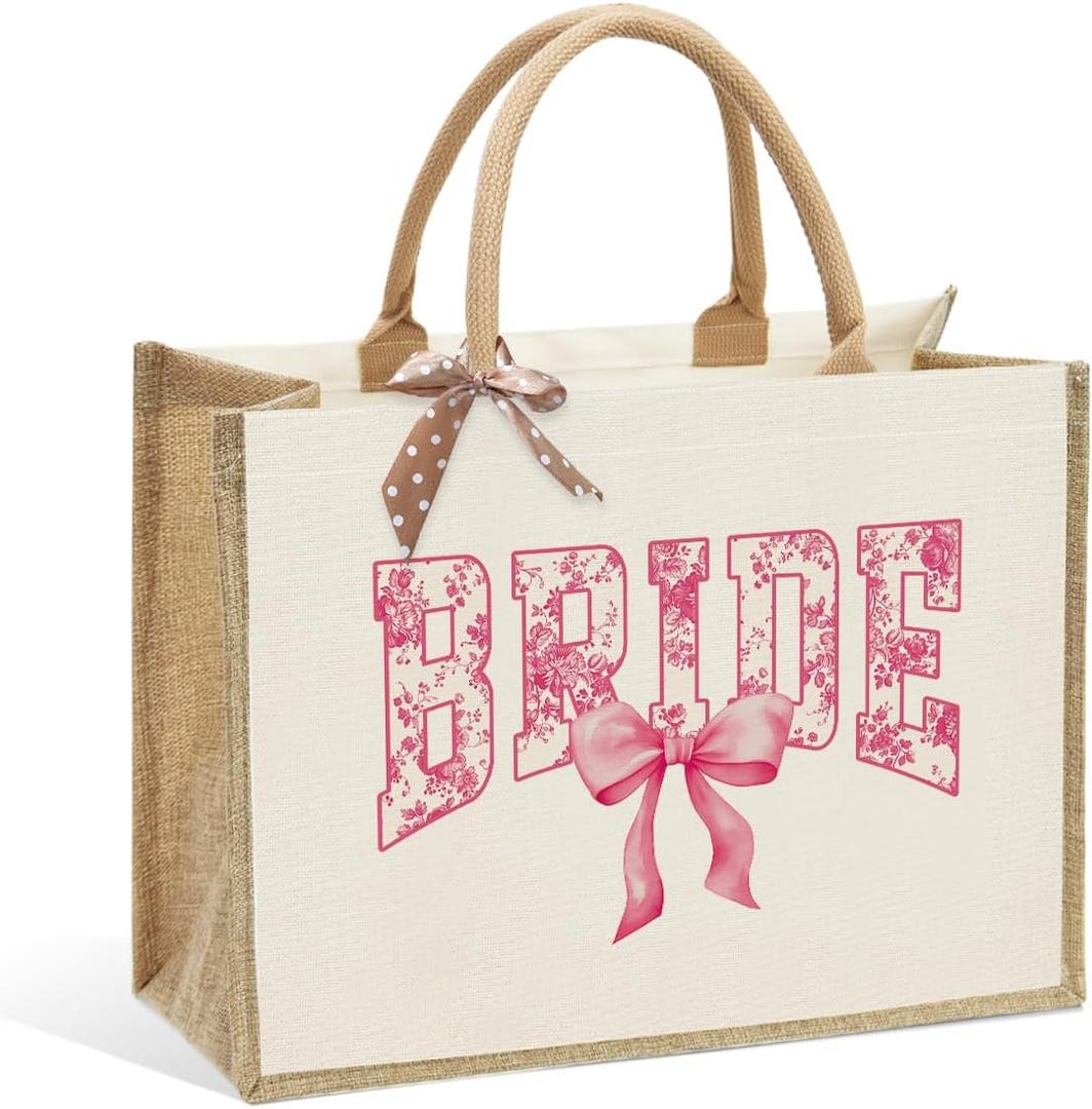 KongMoTree Bride Wedding Tote Bag, Coquette Bow Tote Bag with Floral for Wedding Bachelorette Party Honeymoon Travel