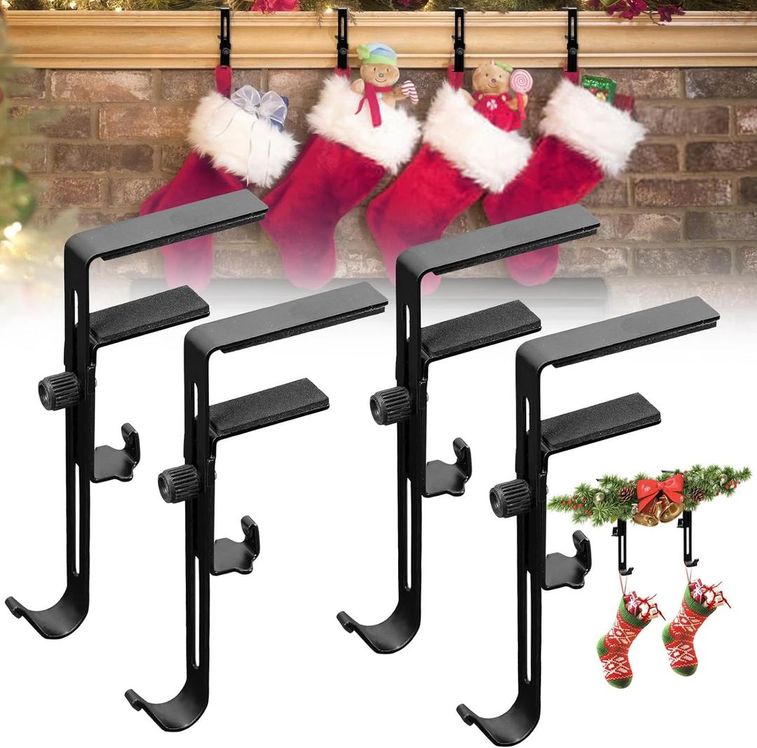 4 Pack Fireplace Stocking and Garland Hanger,2 in 1 Metal Mantle Hooks for Christmas Decorations,Adjustable No-Drill for Christmas Stocking & Holiday Garland Decorations, Black