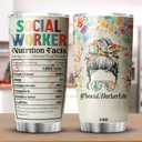Social Worker Nutrition Fact Tumbler Mug 20oz Appreciation Graduation Gifts For BSW DSW Colorful Social Tree Messy Bun Hair MSW LCSW Gift For Women Caregiver Insulated Cup