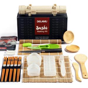 Sushi Making Kit, Delamu Upgrade 22 in 1 Sushi Maker Kit with Bamboo Mats, Chef's Knife, Triangle/Nigiri/Gunkan Sushi Mold, Chopsticks, Guide&More (11.26 x 6.14 x 3.98 inches)
