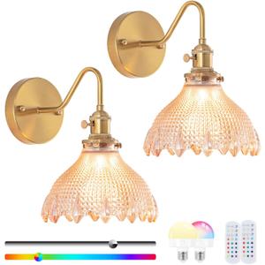 Vintage Battery Operated Wall Sconce Set of 2, Wireless Wall Sconces with Amber Glass Lampshade,Rechargeable Wall Lights with Remote Control for Bedroom, Living Room