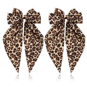 Mabor 2Pcs Leopard Print Hair Bow Clips with Long Tail Ribbon Satin Leopard Big Metal Hair Bow Barrettes Ponytail Styling Accessories for Women Girls