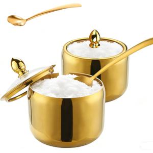10oz Sugar Bowl 2-Pack with Lid|Gold coffee bar sugar container, includes 2 stainless steel canisters with clear lids. This perfect for kitchen countertop, seasoning storage, and stylish home decor.