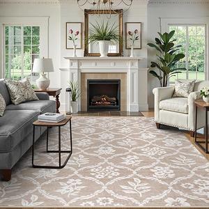 Wonnitar Washable Area Rugs 9x12 Living Room, Non-Slip Soft Floral Dining Room Rug, Ultra-Thin Large Area Rugs for Bedroom, Farmhouse Rug Floor Carpet (Khaki,9'x12')
