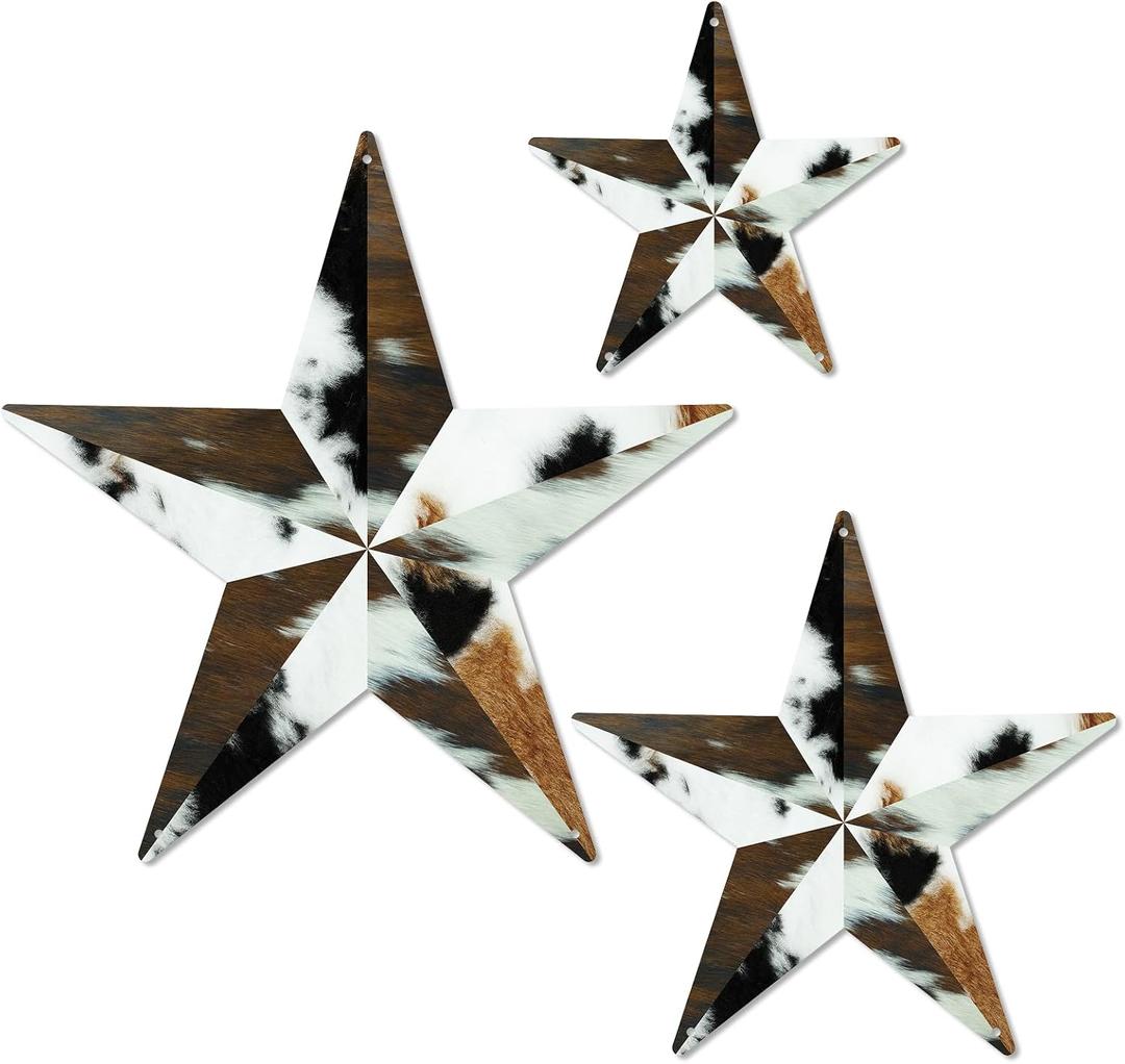 Putuo Decor Western Metal Star Wall Decor Set of 3, Rustic Cowhide Stars for Home and Outdoor, Vintage Texas Star Wall Decorations for Country Farmhouse Living Room(Flat, It's Not 3D)