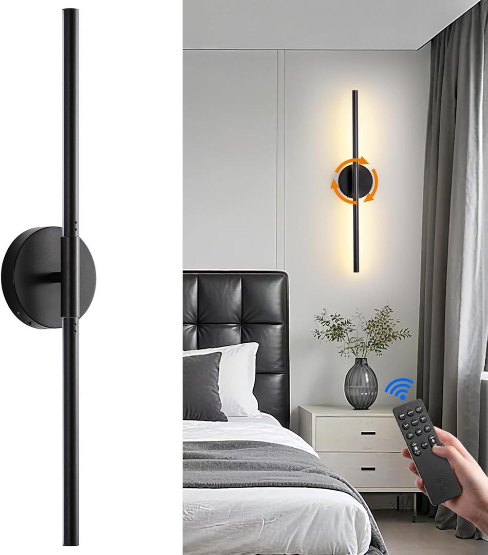 Battery Operated Wall Sconce, Modern Wireless Wall Lights with Remote & Touch Control, 24 Inch Black Dimmable Rechargeable LED Wall Lamps with 3 Colors & Timer for Bedroom, Living Room, Hallway