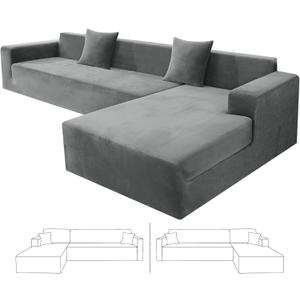 ZNSAYOTX 2026 Soft Velvet Sectional Couch Covers, Luxury Plush Slipcovers with Elastic Bottom for L Shape Sectional Sofa, 2 Pcs Pet Friendly Protector (3 Seat Couch + 3 Seat Chaise, Grey)