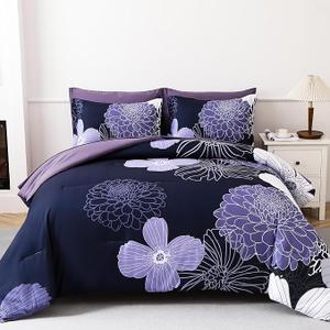 Purple Comforter Set Queen Size Floral Bedding Set for All Seasons
