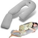 Pozico U-Shaped Full Body Pillow for Side Sleepers  51-Inch Cooling Pregnancy Pillow with Ear Piercing Design for Neck, Back, and Hip Support  Removable Washable Cover Space-Saving Design (Grey)