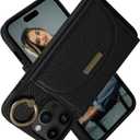 Keallce Wallet Case for iPhone 16 Pro 6.3'', Flip Case with Card Slots, Ring Holder Kickstand, PU Leather Protective Folio Cover for Women, Black