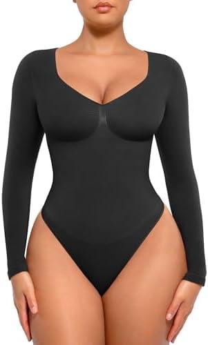 FeelinGirl Women's Long Sleeve Shapewear Bodysuit for Tummy Control Seamless Body Suits Thong V Neck Going Out Tops, Small