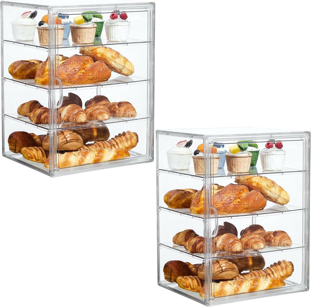 SANKEU Pastry Display Case, Bread Box for Kitchen Countertop, 4 Layers Detachable Clear Bread Storage with Magnetic Door Bakery Pastry Display 15.5x11.4x9.8,2 Pack