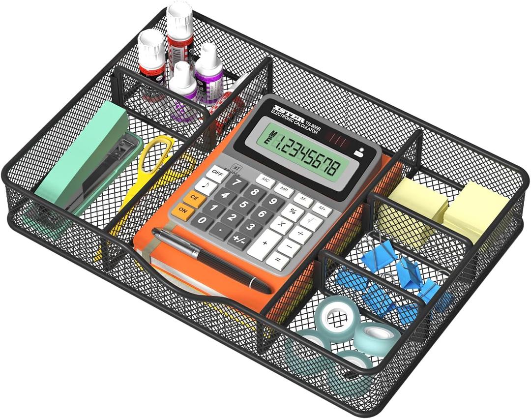 Desk Drawer Organizer, Metal Mesh Drawer Organizer Tray with 6 Adjustable Compartment, Tray Organizer for Desktop, Kitchen, Bathroom, Makeup, Vanity - 14.5x8.8x1.96 inch, Black, 1PC Large