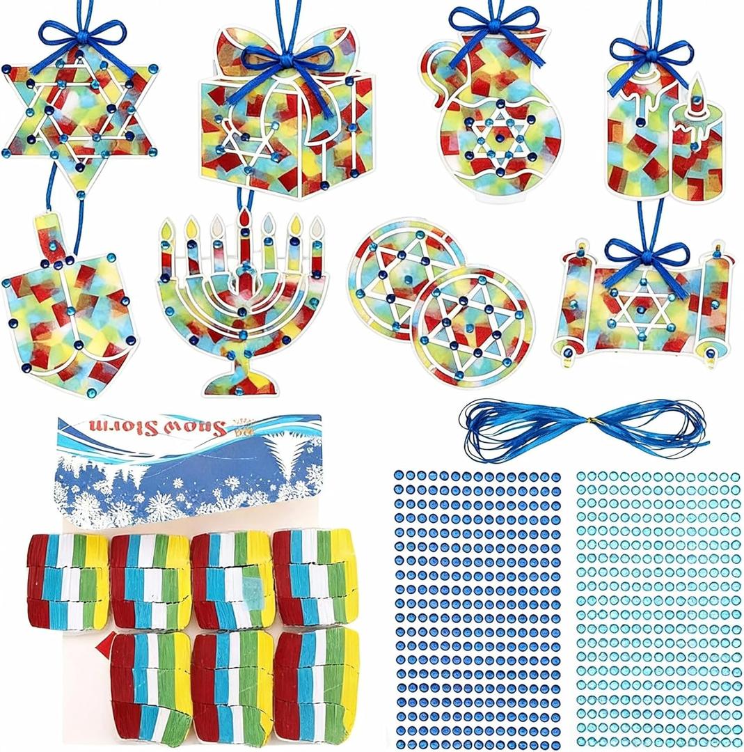 Tenceur 40 Set Hanukkah Menorah Crafts Kits DIY Hanukkah Tissue Paper Sign Crafts Kit Chanukah Stained Glass Jewish Menorah Hanging Ornaments Suncatchers Craft for Window Art Activities