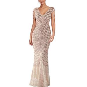 Women 1920s Plus Size Formal Dress Tassels Sleeve Sequins Gatsby Maxi Evening Gown(Champagne,L)