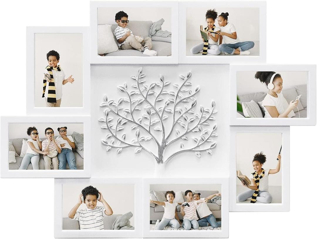 HELLO LAURA - Picture Frame Collage Large Wall Hanging Photo Frames Elegant Tree Collage Frame Gifts for Family Friends 4x6 inch Home Wall Decor Gallery Display (White - Silver Tree), 23.9 x 18.1 x 0.7 inches