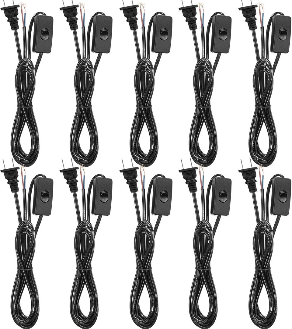 Pelopy 10 Packs Lamp Cord with Plug and Switch Light Set 6 Feet Prong Power Cord with Molded Plug Pure Copper Stripped Ends Ready for Wiring 110-220V,50W, Black