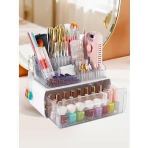 LIARTY Nail Drill Holder with Drawer: Acrylic Nail Drill Bits Holder Makeup Organizer Case for Brush - Beauty Cosmetic Storage Box for Dresser Countertop and Bathroom Vanity