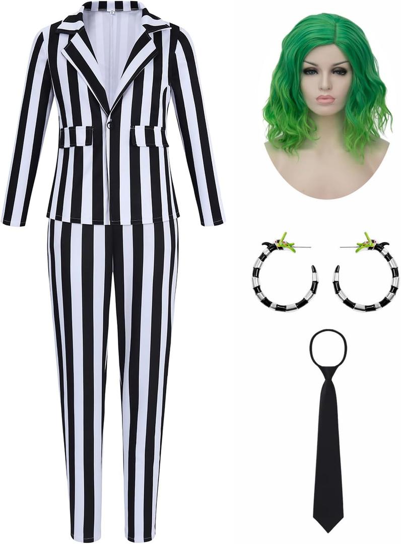 Adult Black and White Striped Suit for Women Horror Movie Character Cosplay Halloween Costumes Striped Blazer Outfit (Medium)