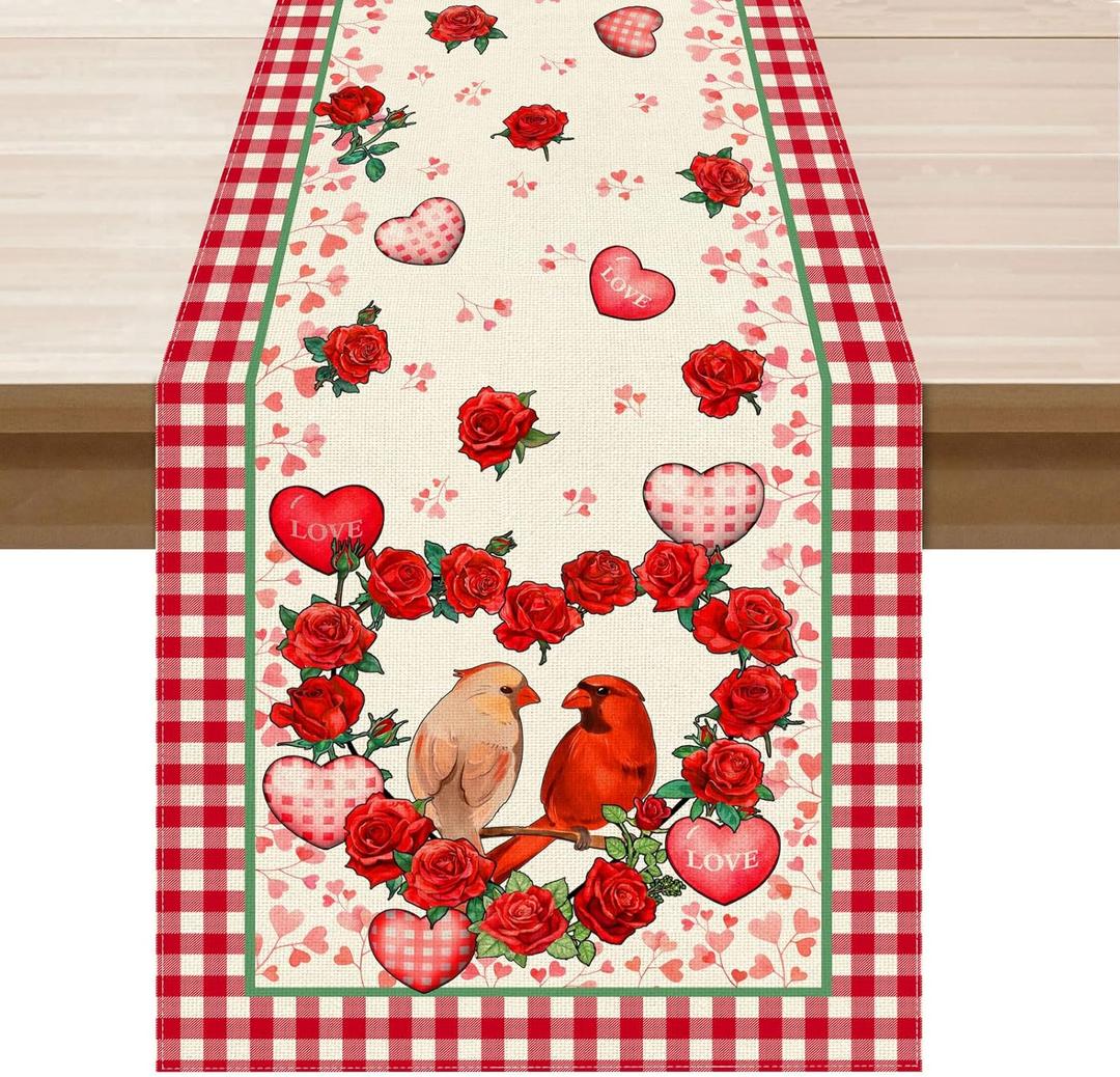 2 x XCHI Plaid Roses Flowers Love Hearts Cardinal Valentine's Day Table Runner Table Decoration for Party Home Kitchen Dining Holiday Decor 13x60 Inch
