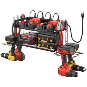 CCCEI Garage Tools Storage with Charging Station. Power Tool Battery Organizer Utility Shelf with Power Strip. 4 Drills Holder Wall Mount Rack, Black. (Small)