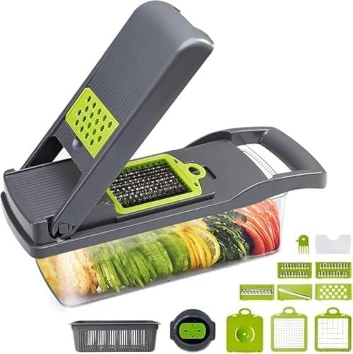 Wotay Vegetable Chopper,Grater,Cutter and Slicer 7 in 1 for Kitchen.Vegetable Fruit Potato and Onion Multi-Blade Dicer with Large Container, Green, WT005