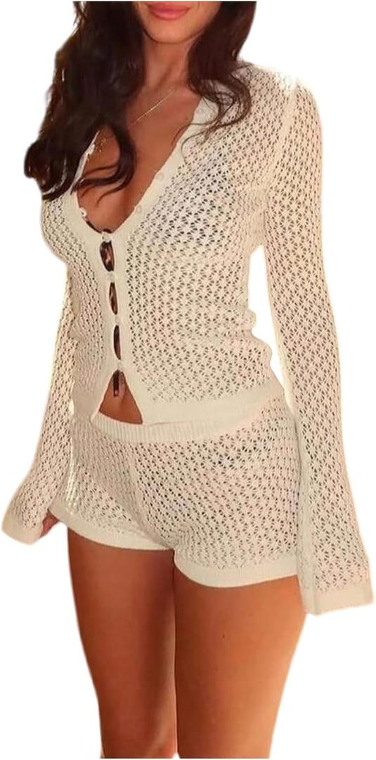 SHENHE Women's Crochet Set 2 Piece Outfits Button Up Long Sleeve Top and Mini Shorts Vacay Outfits (White, M)