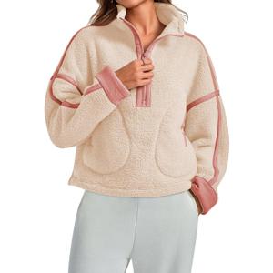 MAOECO Women Sherpa Fleece Jacket Half Zip Oversized Cropped Sweatshirt Casual Long Sleeve Fuzzy Pullover Fall Winter Outfits with Pockets Beige L